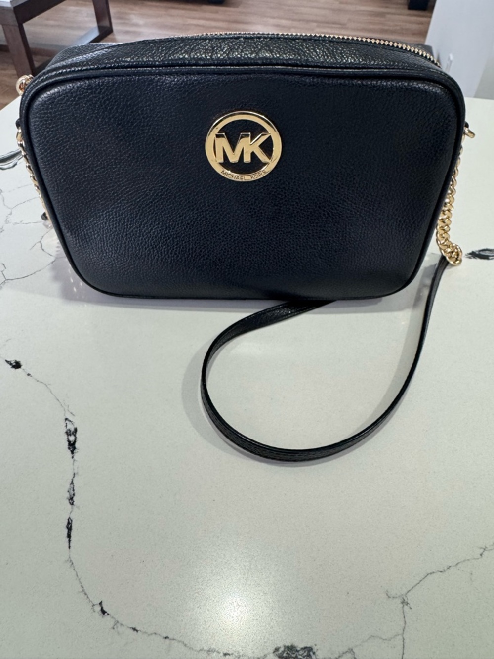 Michael Kors Black Pebbled Leather Crossbody with Gold Logo